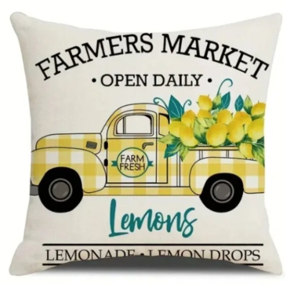 NEW LINEN BLEND "FARMERS MARKET" OPEN DAILY LEMONADE VINTAGE TRUCK PILLOW COVER